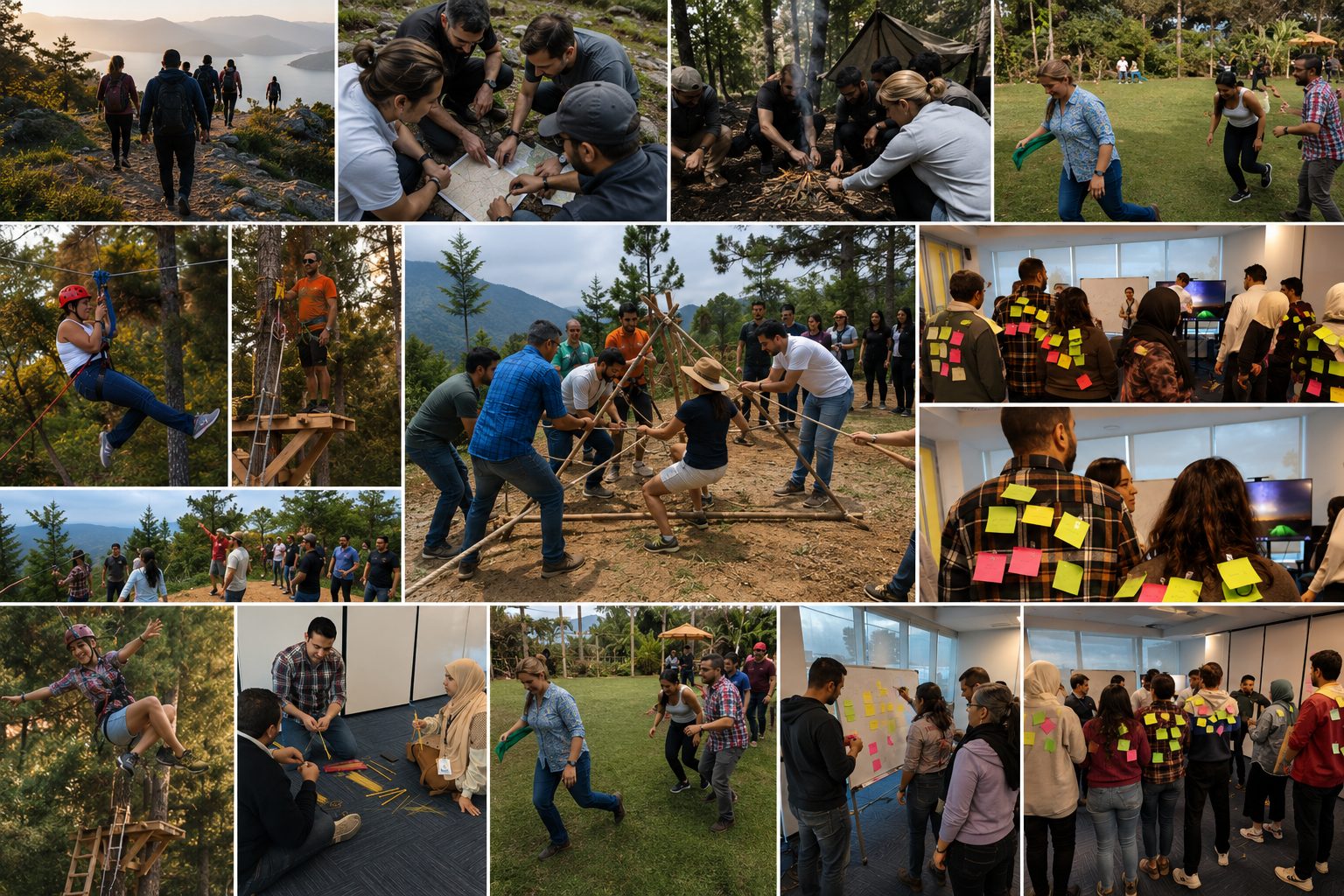 Team building and leadership workshop activities: outdoor exercises, collaborative problem-solving and facilitated sessions